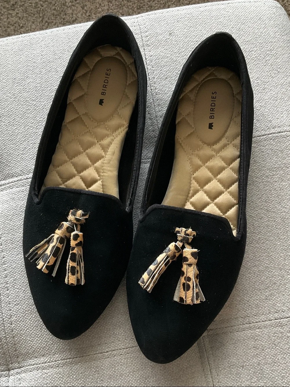 Birdies Black Suede Tassel Loafers with Leopard Tassels Size 8 - Picture 1 of 2